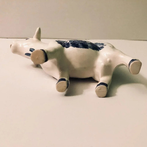 Vintage Delft Style Cow Creamer 6 Inch Long Figurine Flowers Windmill - Picture 10 of 15